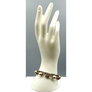 Vintage Chain and Pearl Bracelet, Gold Tone Chic Double Strand with Glass Baroqu